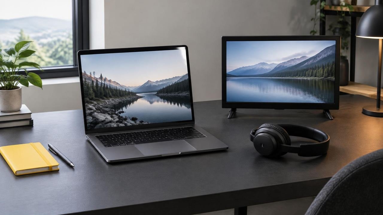 Laptop, small television and headphones in a device workspace.