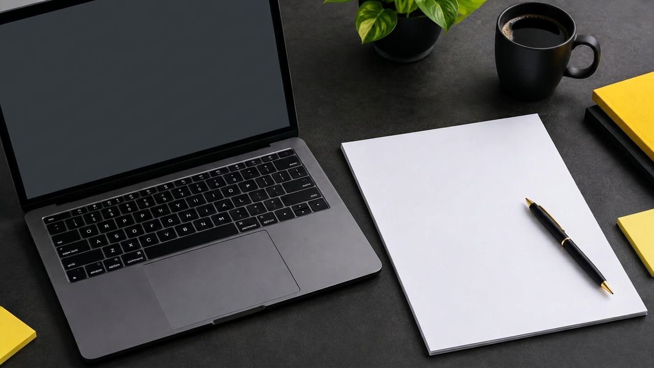 Laptop with inactive screen beside paper and pen.