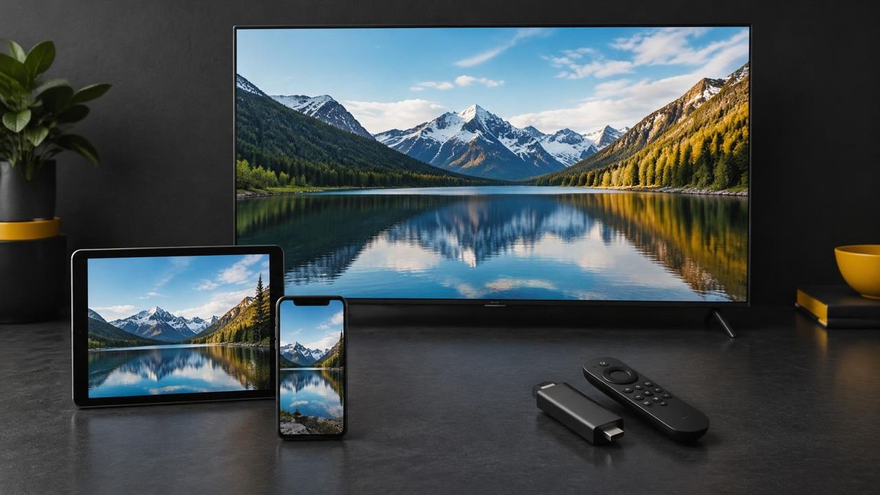 Television, tablet, phone, streaming stick and remote ready for setup.