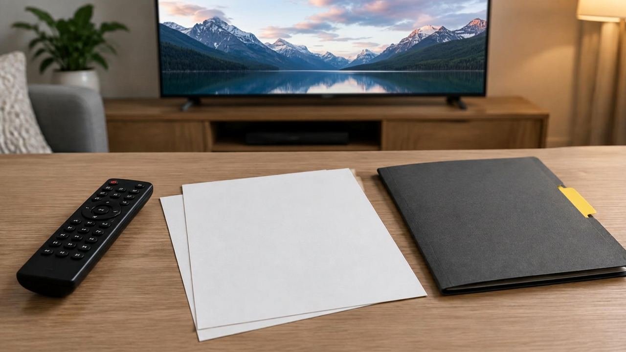 TV remote beside blank papers and a folder.