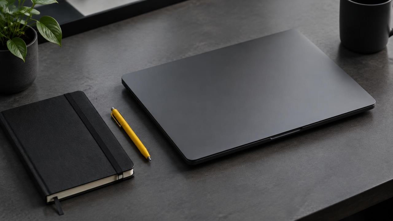 Closed laptop beside a notebook and yellow pen.