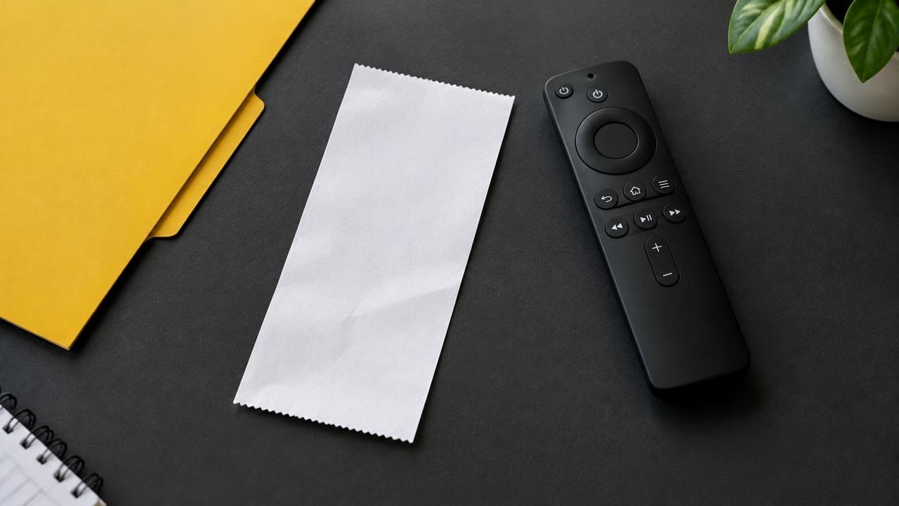 Blank receipt beside a remote control.