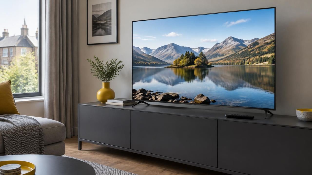 Smart television displaying a lake, with a remote on its console.