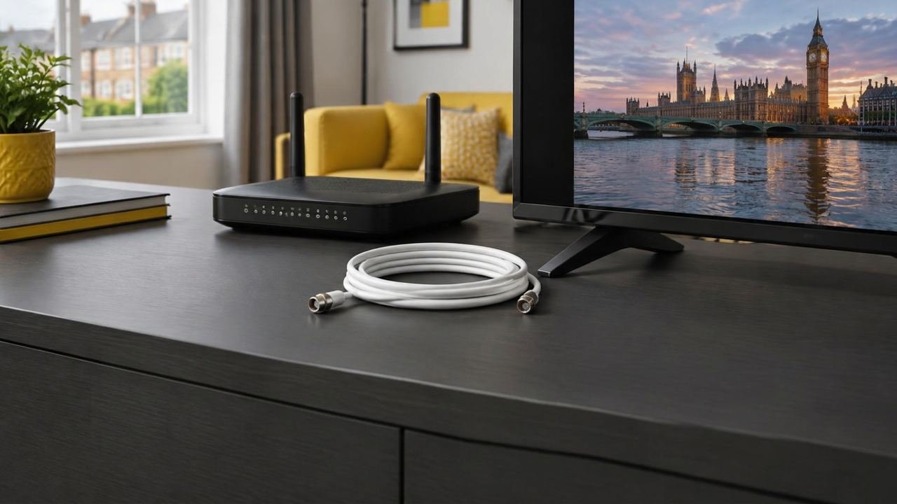 Television beside a broadband router and coiled aerial cable.